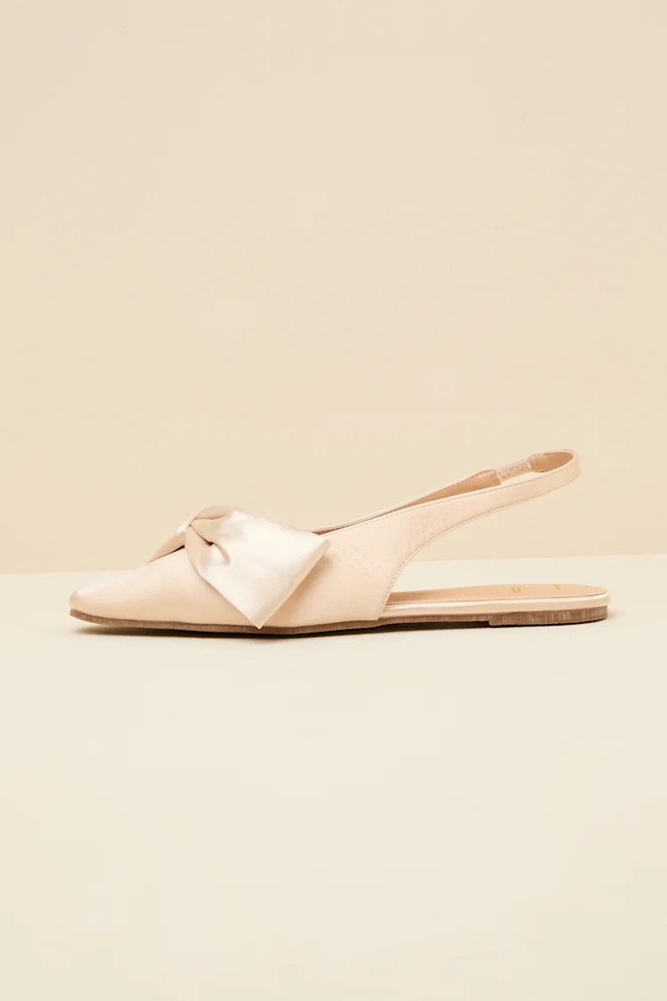 Kyleigh Champagne Satin Bow Slingback Flats | Lulus