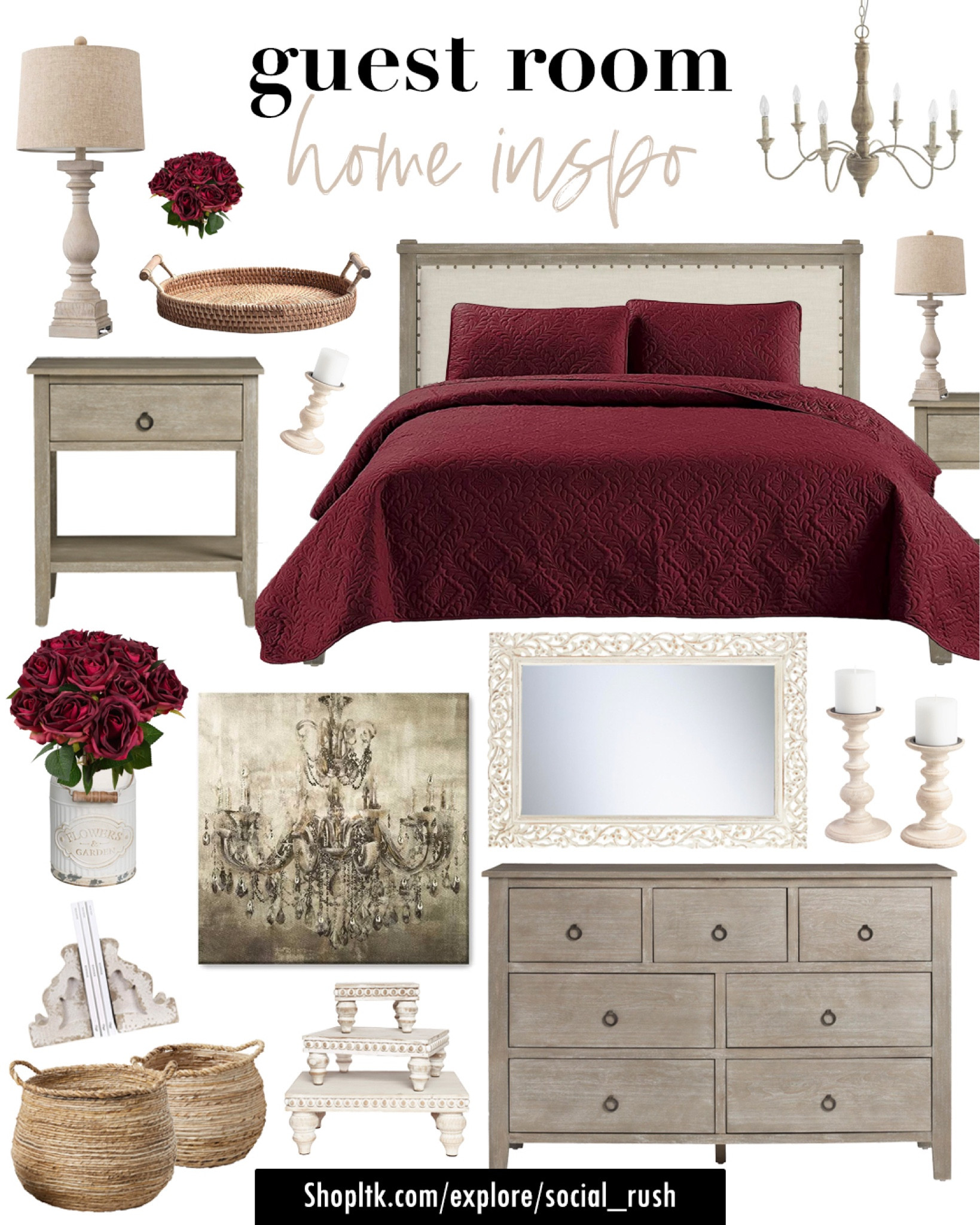 Guest Room Inspo, Guest Room Idea, Bedroom Inspo, Bedroom Idea, French Vintage Decor, Shabby Chic Decor, Bed frame, Greywash Wood, Bedroom Set, Bedroom Furniture inspo, Red Bedspread, Rustic Decor, Distressed decor

#LTKhome