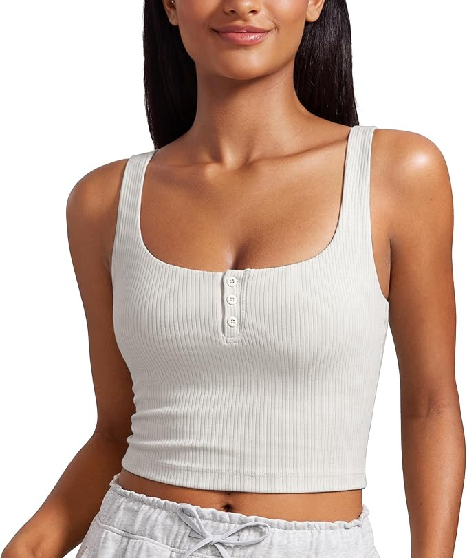 CRZ YOGA Ribbed Henley Crop Tank Tops for Women - Square Back Padded Yoga Workout Longline Sports... | Amazon (US)