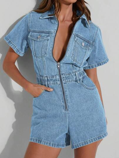 Women's Summer Denim Romper Short Sleeve Zip Up Utility Pockets Jean Jumpsuit Shorts | SHEIN