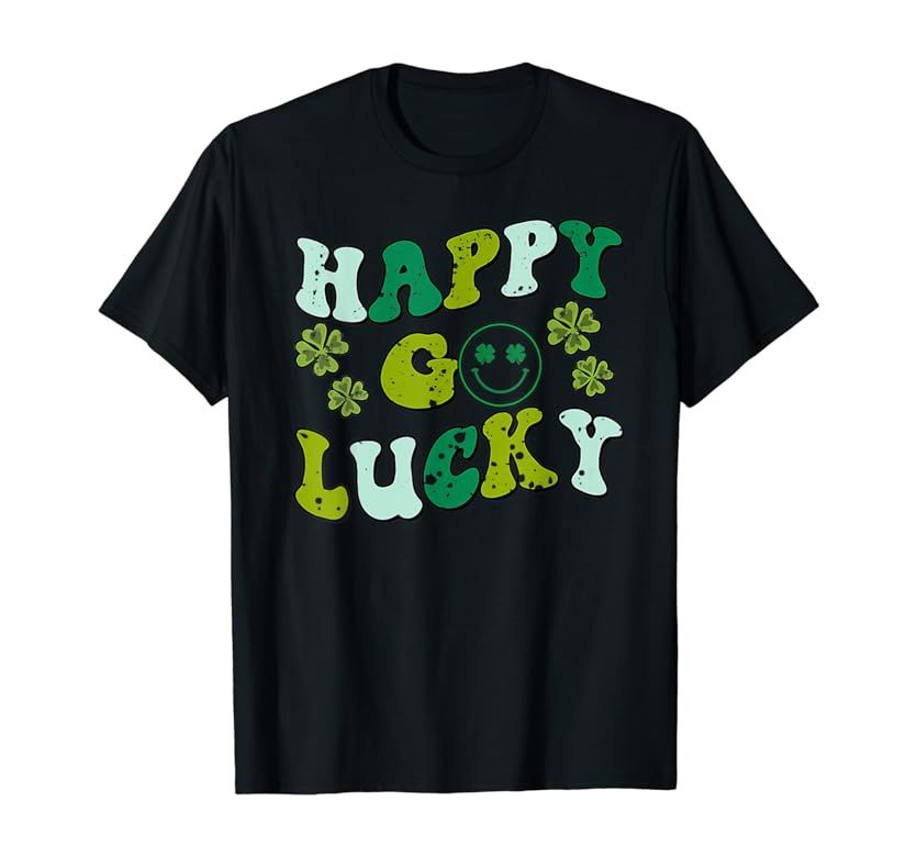 St Patricks Day Happy Go Lucky Shamrock Irish Retro Groovy T-Shirt | Amazon (US)