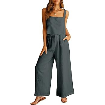 Prinbara Women's 2 Piece Outfits Lounge Sets Sleeveless Square Neck Linen Tank Crop Top Wide Leg ... | Amazon (US)