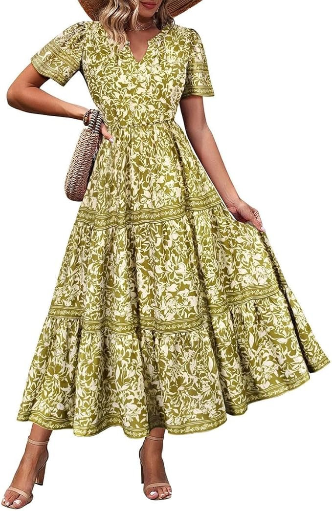 TIYOMI Women Plus Size Dress Boho V Neck Short Sleeve Beach Maxi Dresses Floral/Stripe/Leaves/Lem... | Amazon (US)