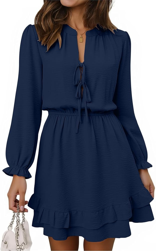Angashion Womens Tie Front Mini Dress: V Neck Long Sleeve Layer Ruffle Hem Dress with Pockets | Amazon (US)