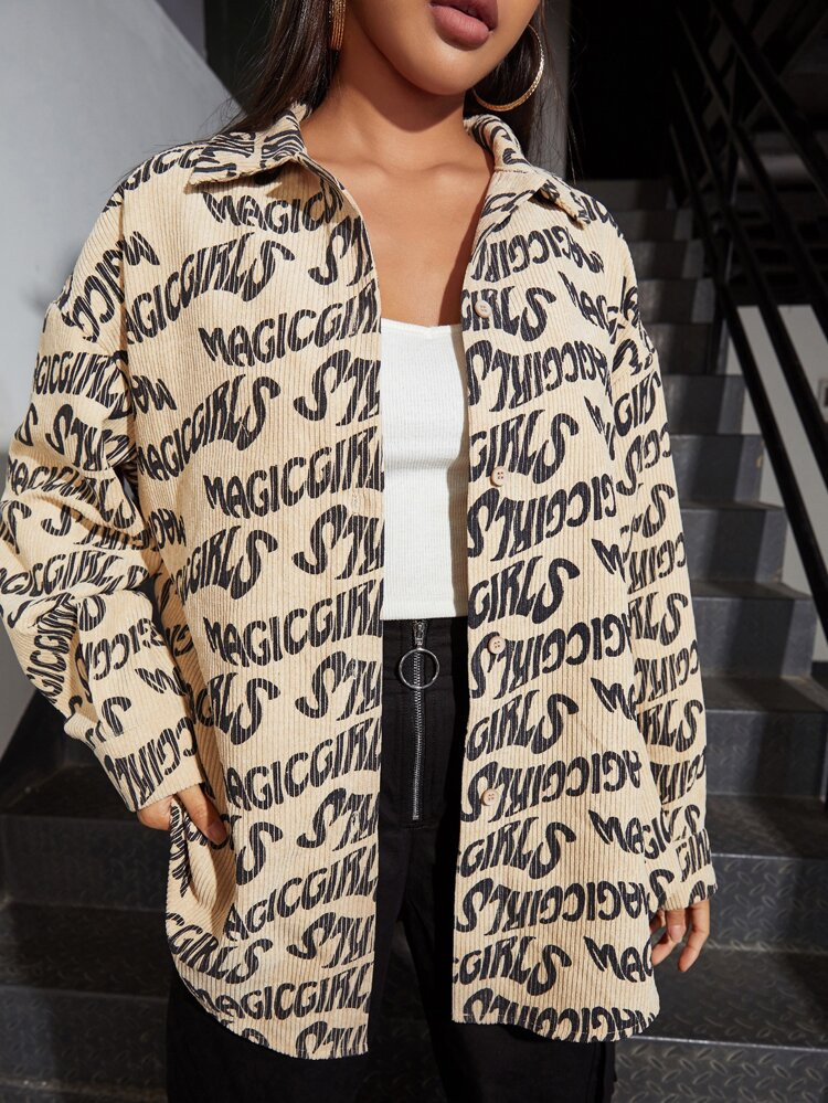 SHEIN Allover Letter Graphic Corduroy Coat | SHEIN