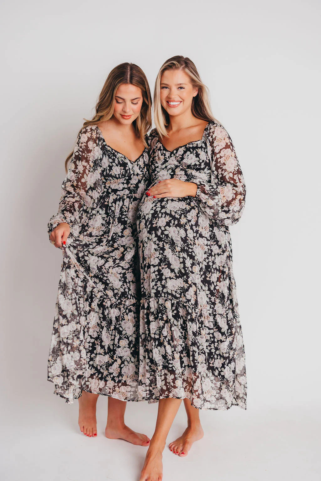 Yoru Chiffon Floral Midi Dress in Black | Worth Collective