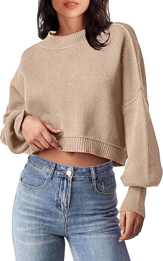 MEROKEETY Women's 2024 Crewneck Cropped Sweater Fall Batwing Sleeve Oversized Side Slit Ribbed Kn... | Amazon (US)