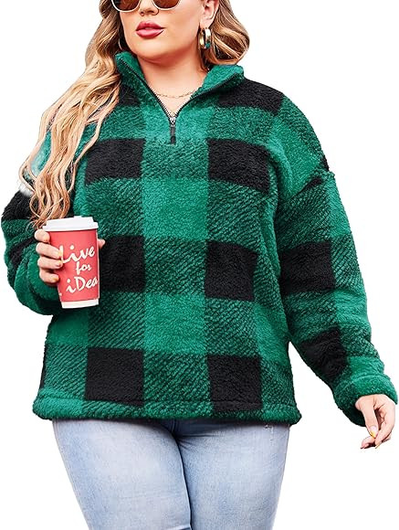 IN'VOLAND Women's Plus Size Plaid Sherpa Pullover Quarter Zip Long Sleeve Fleece Jackets Sweaters Sw | Amazon (US)