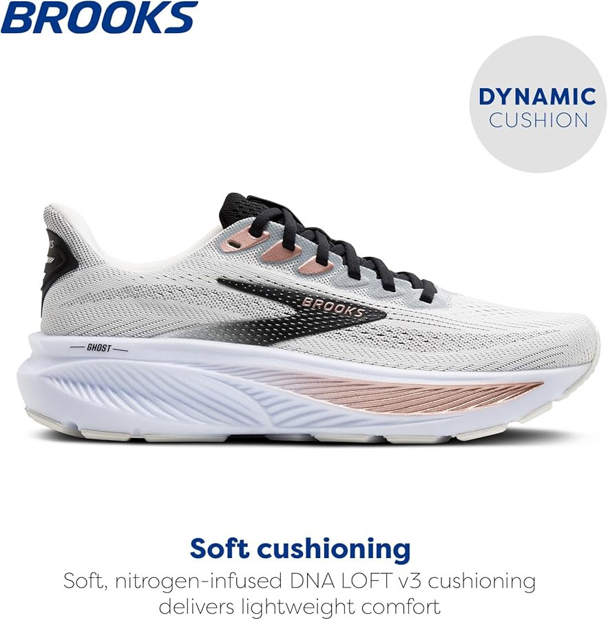 Amazon.com | Brooks Women\u2019s Ghost 17 Neutral Running Shoe - White/Black/Rose Gold - 10 Mediu... | Amazon (US)