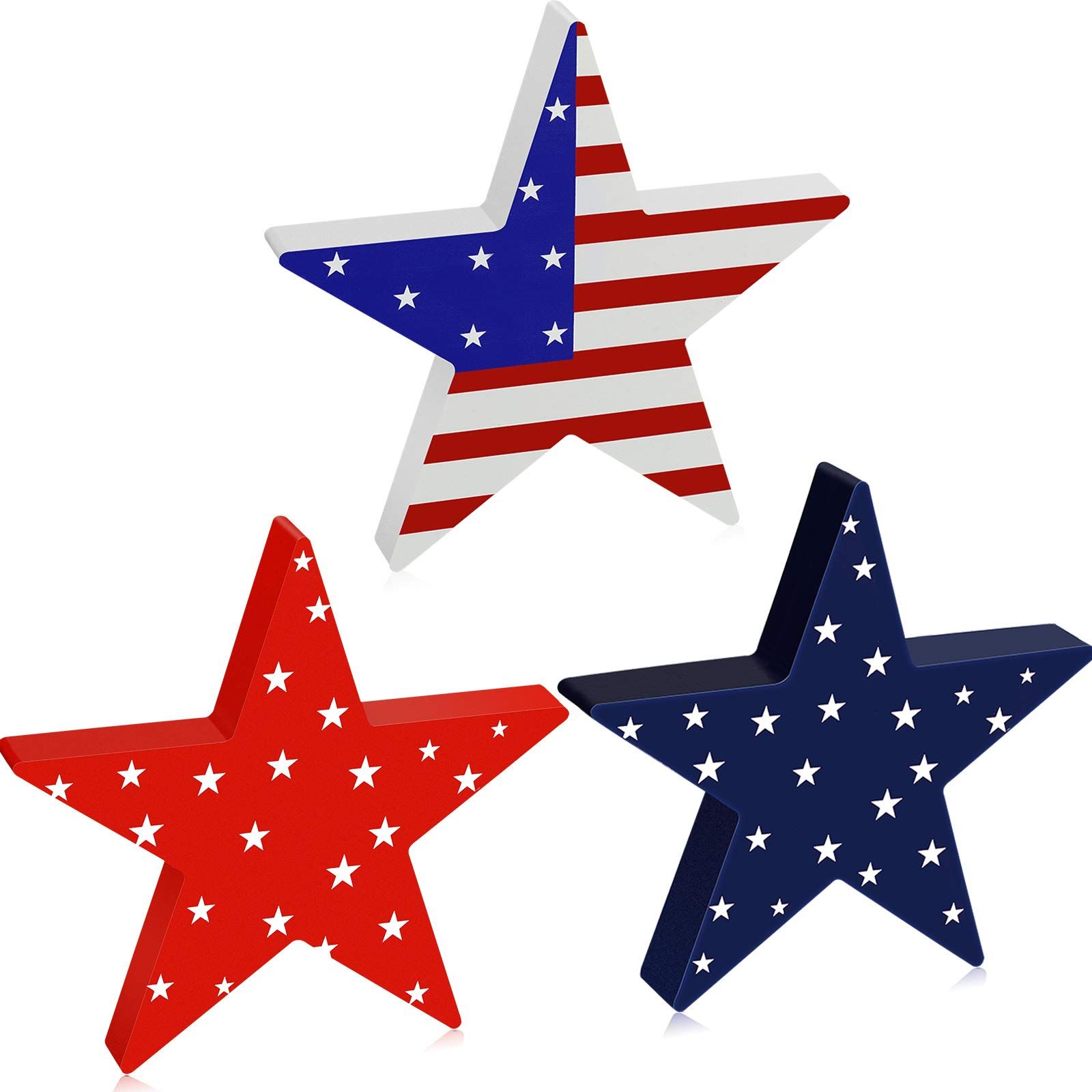 3 Pieces Independence Day Wooden Star Blocks Patriotic Wood Star Standing Blocks 4th of July Tabletop Decor for American Festival Celebration Home Decor (American Flag Prints Series) | Amazon (US)