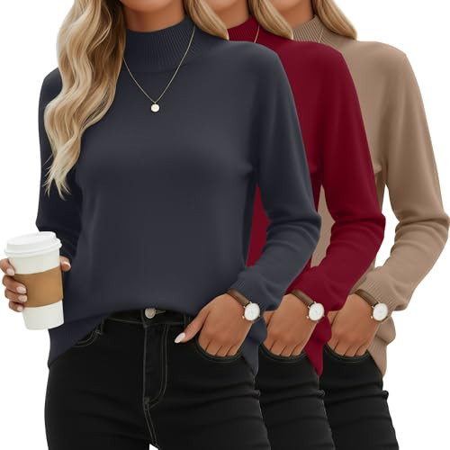 Oakgarden 3 Pack Women's Mock Turtleneck Knit Sweaters, Crew Neck Long Sleeve Tops Lightweight Thermal Pullover Basic Shirts(Charcoal Gray, Burgundy, Khaki,X-Large) | Amazon (US)