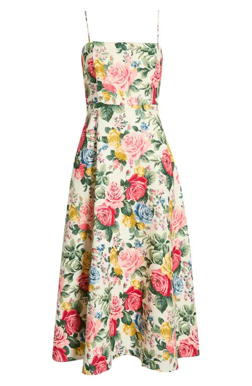 WAYF Josefina Floral Linen Blend Midi Dress in Ivory Roses at Nordstrom, Size Medium | Nordstrom