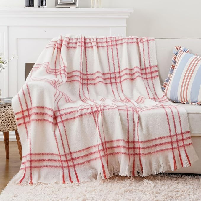 Battilo Cream Plaid Throw Blanket for Couch Bed, Farmhouse Mohair Blankets Throws, Soft Cashmere ... | Amazon (US)