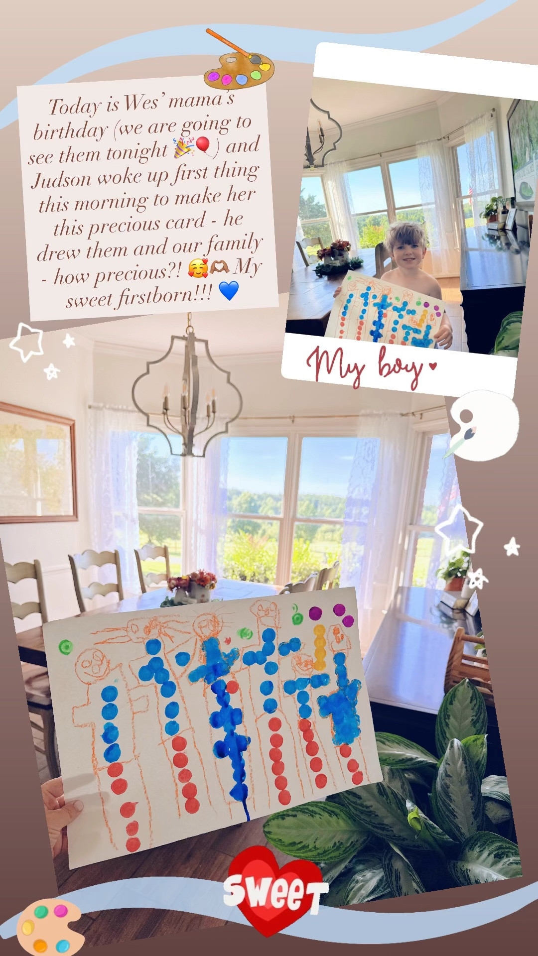 Today is Wes’ mama’s birthday (we are going to see them tonight 🎉🎈) and Judson woke up first thing this morning to make her this precious card - he drew them and our family - how precious?! 🥰🫶🏽 My sweet firstborn!!! 💙