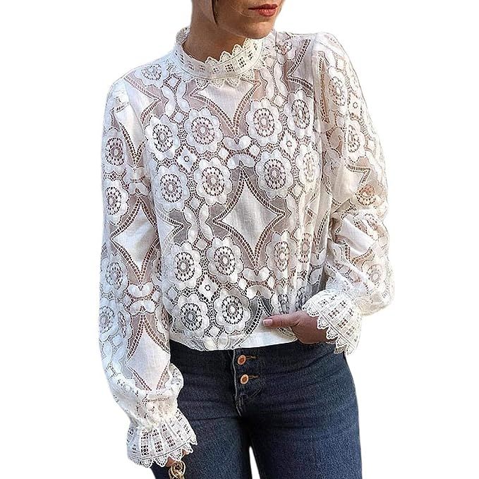 GUYUEQIQIN Women's Long Sleeve Lace Tops Casual Hollow Out Stand Collar Shirt Tees | Amazon (US)