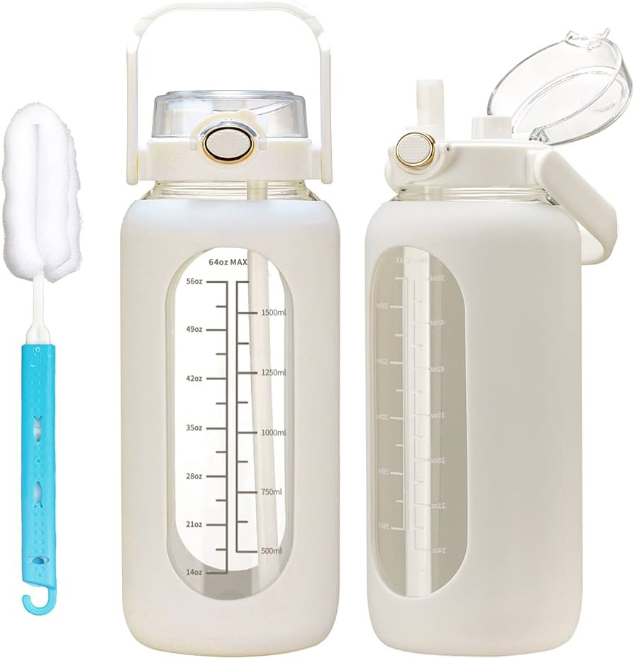 64oz Glass Water Bolttles with Straw Half Gallon Large Motivational Water Bottle with Time Marker... | Amazon (US)
