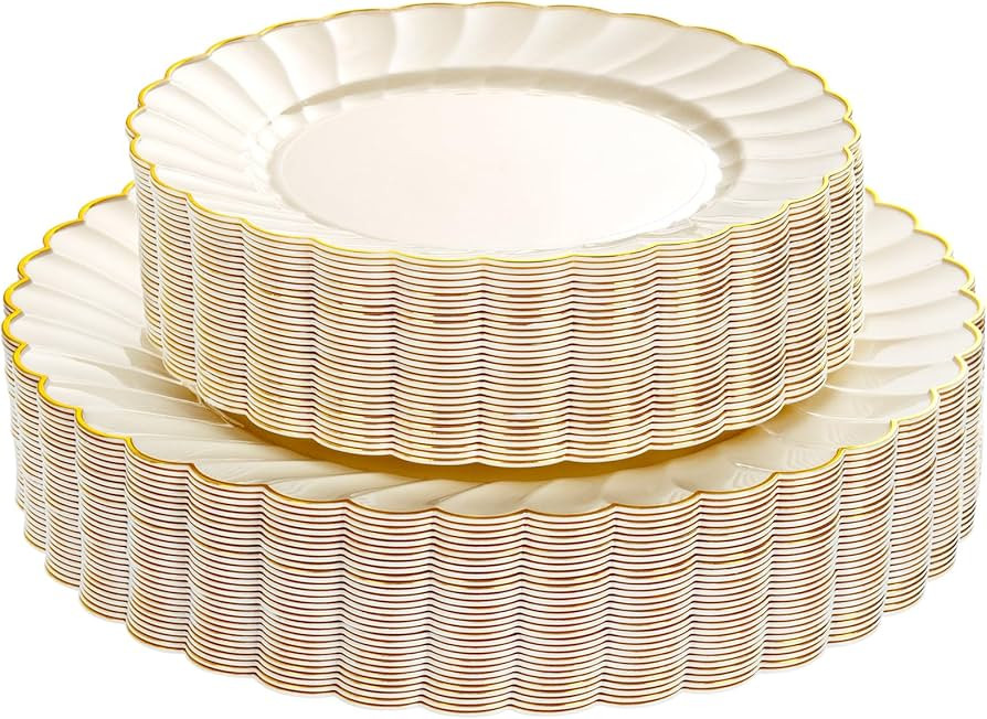 YOUBET 60PCS Ivory Scalloped Plastic Plates - Hard Craem and Gold Fancy Disposable Plates include... | Amazon (US)