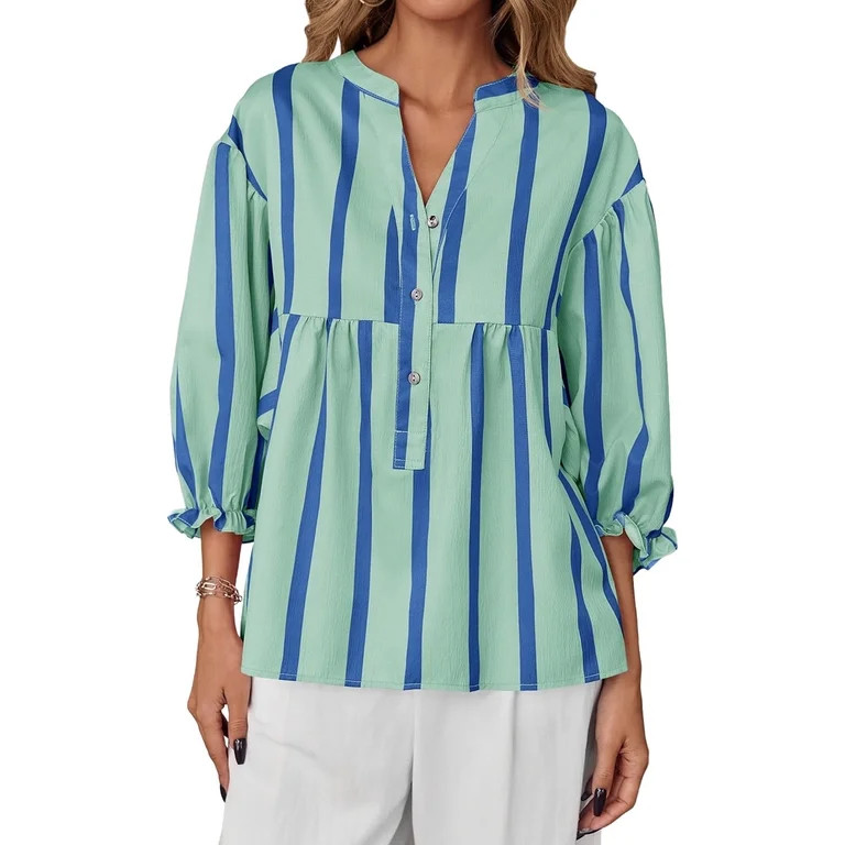 Wide Striped Sleeve Women Puff Sleeve Loose Blouse V-neck Casual Tops | Walmart (US)