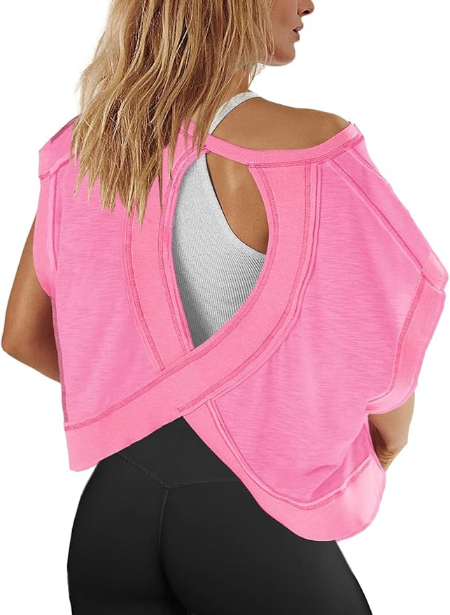 Panadila Womens Open Back Workout Top Oversized Workout T Shirts Backless Athletic Shirt Short Sl... | Amazon (US)