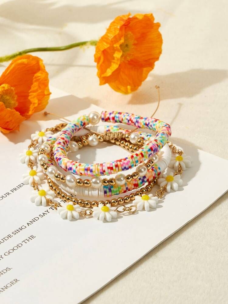 5pcs Flower & Faux Pearl Decor Bracelet | SHEIN