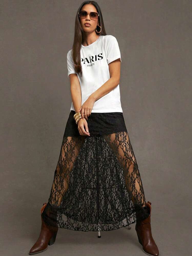 SHEIN X Scot Louie Women Sexy Black Wildflower Lace Patchwork Lightweight And Breathable Long Summer Skirt Winter Casual Spring | SHEIN