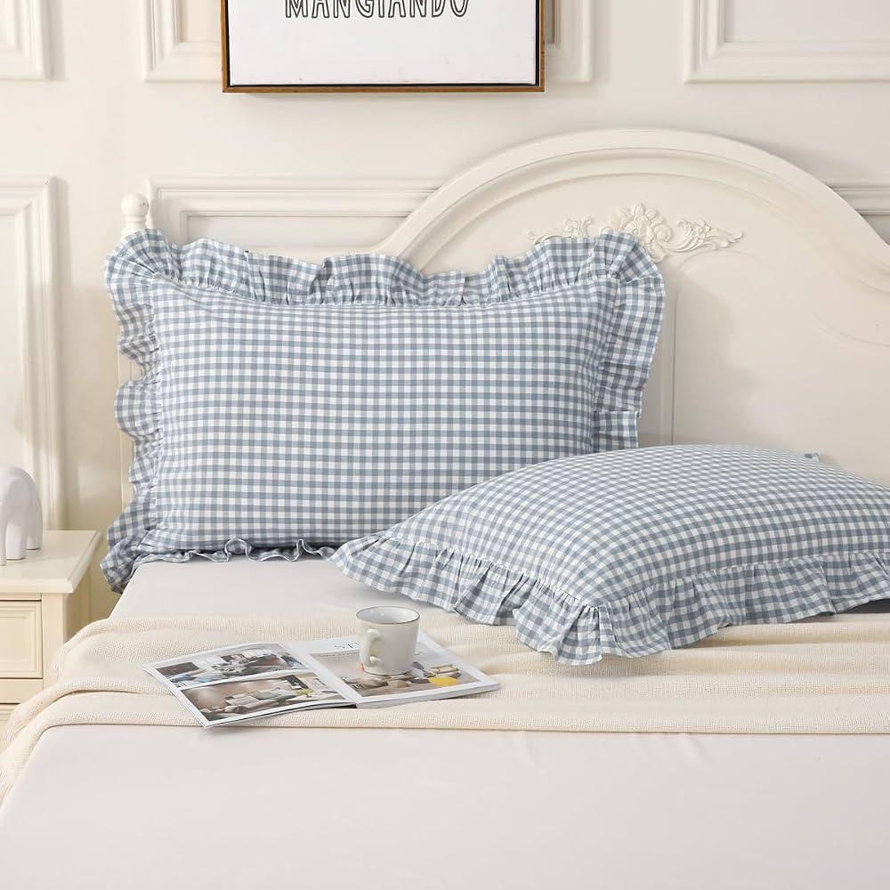 Light Blue Plaid Ruffle Pillow Shams Queen Size Set of 2,Washed Cotton Shabby Checkered Gingham P... | Amazon (US)