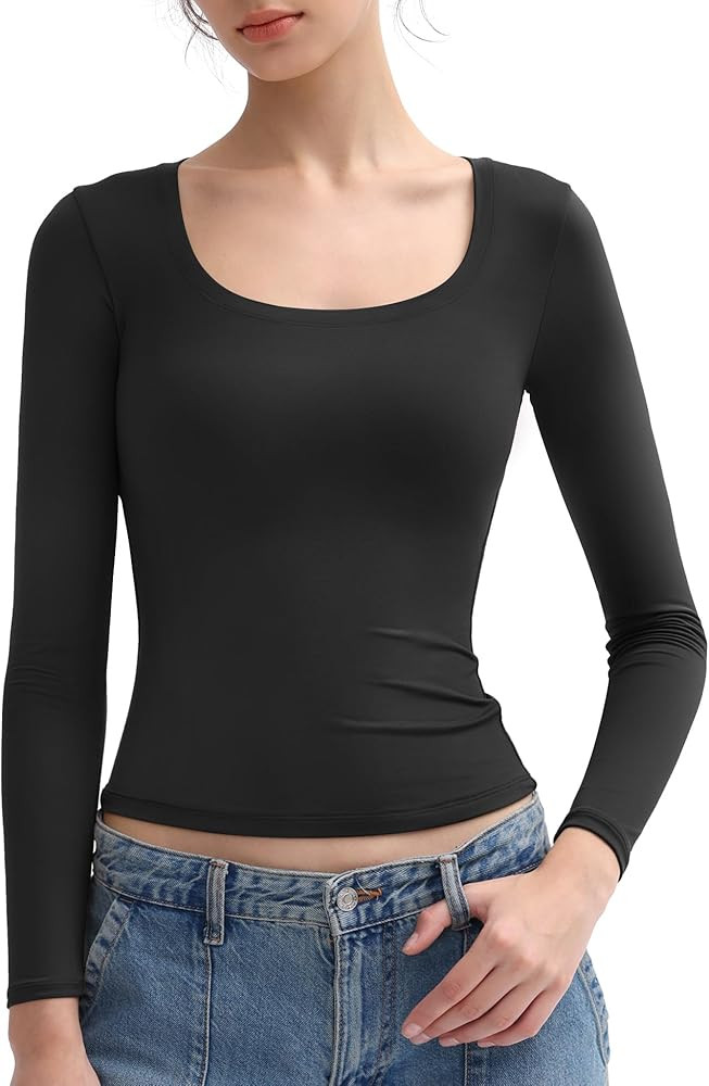 PUMIEY Women's Long Sleeve T Shirts Scoop Neck Slim Fit Going Out Tops Double Lined Basic Tee Smo... | Amazon (US)