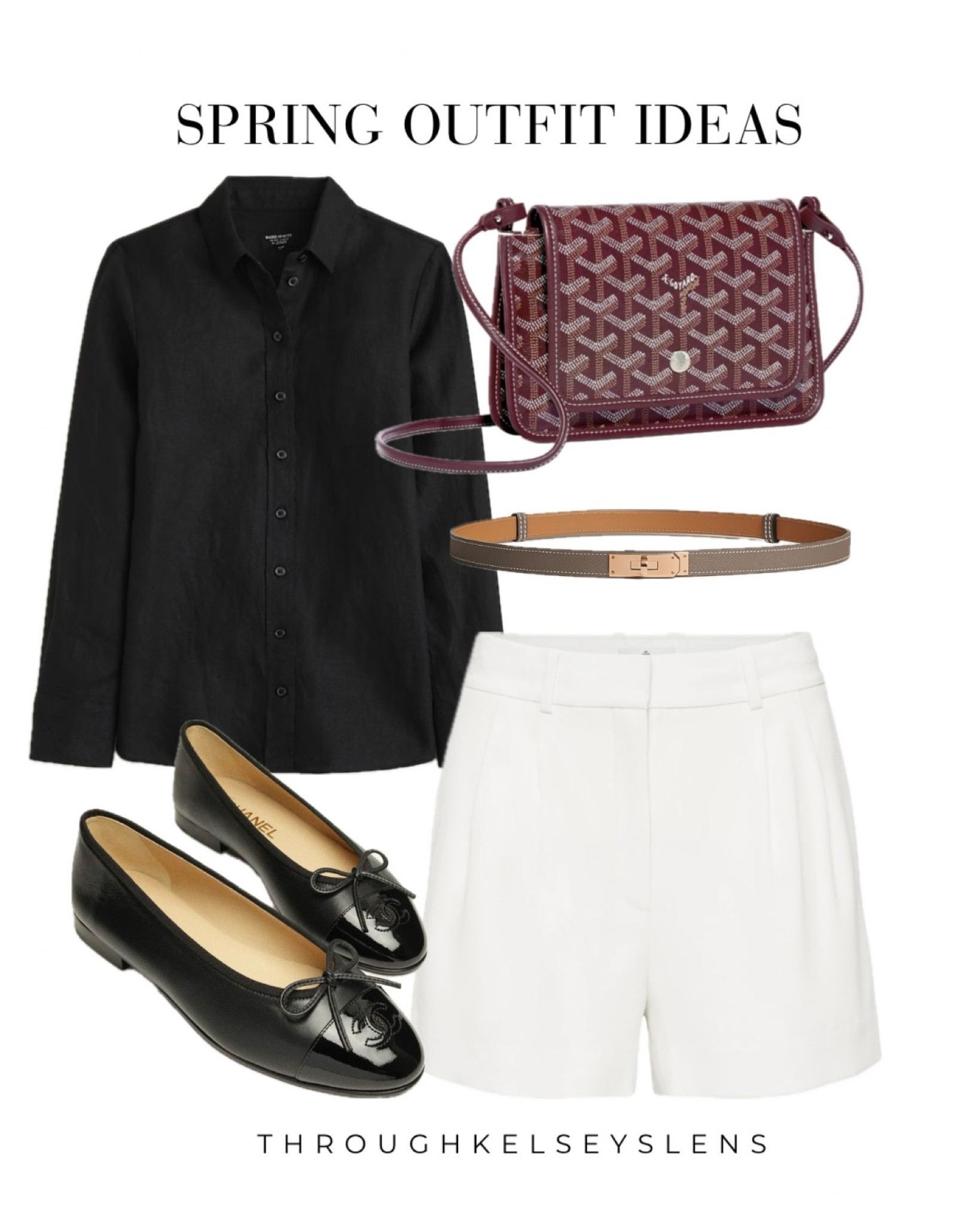 Spring outfit ideas
- Black linen shirt
- Aritzia white shorts
- Hermes Kelly Belt in etoupe with gold hardware
- Goyard Plumet pocket wallet in burgundy
- Chanel black patent cap toe ballet flats

#LTKtravel #LTKitbag #LTKshoecrush