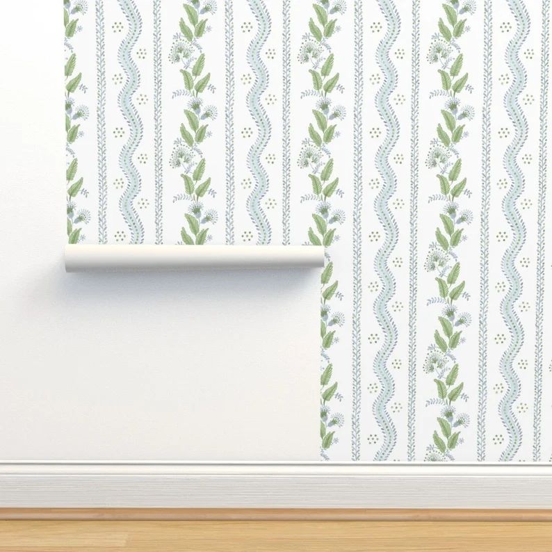 Regency Floral Wallpaper - Soft Blue And Greens by danika_herrick - Folk Art Style  Removable Pee... | Etsy (US)