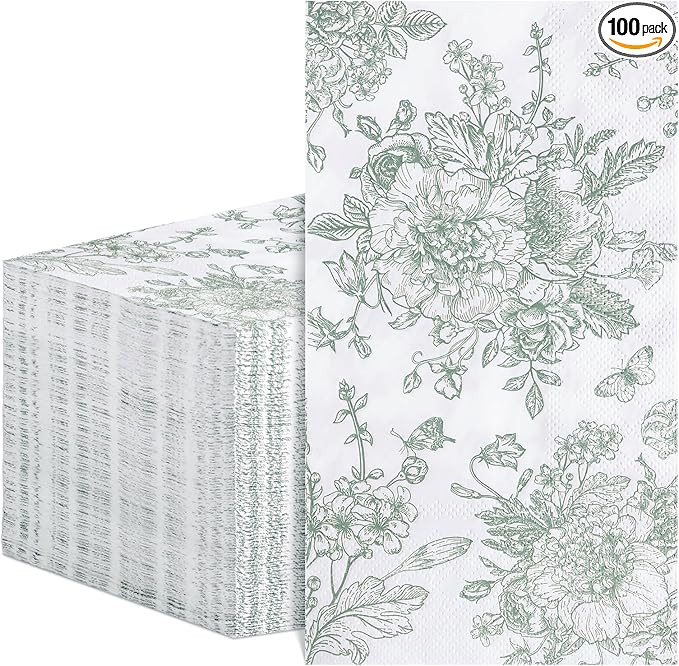 100 Pcs Sage Green Floral Napkins, Disposable Decorative Bathroom Napkins Green Toile Guest Dinne... | Amazon (US)