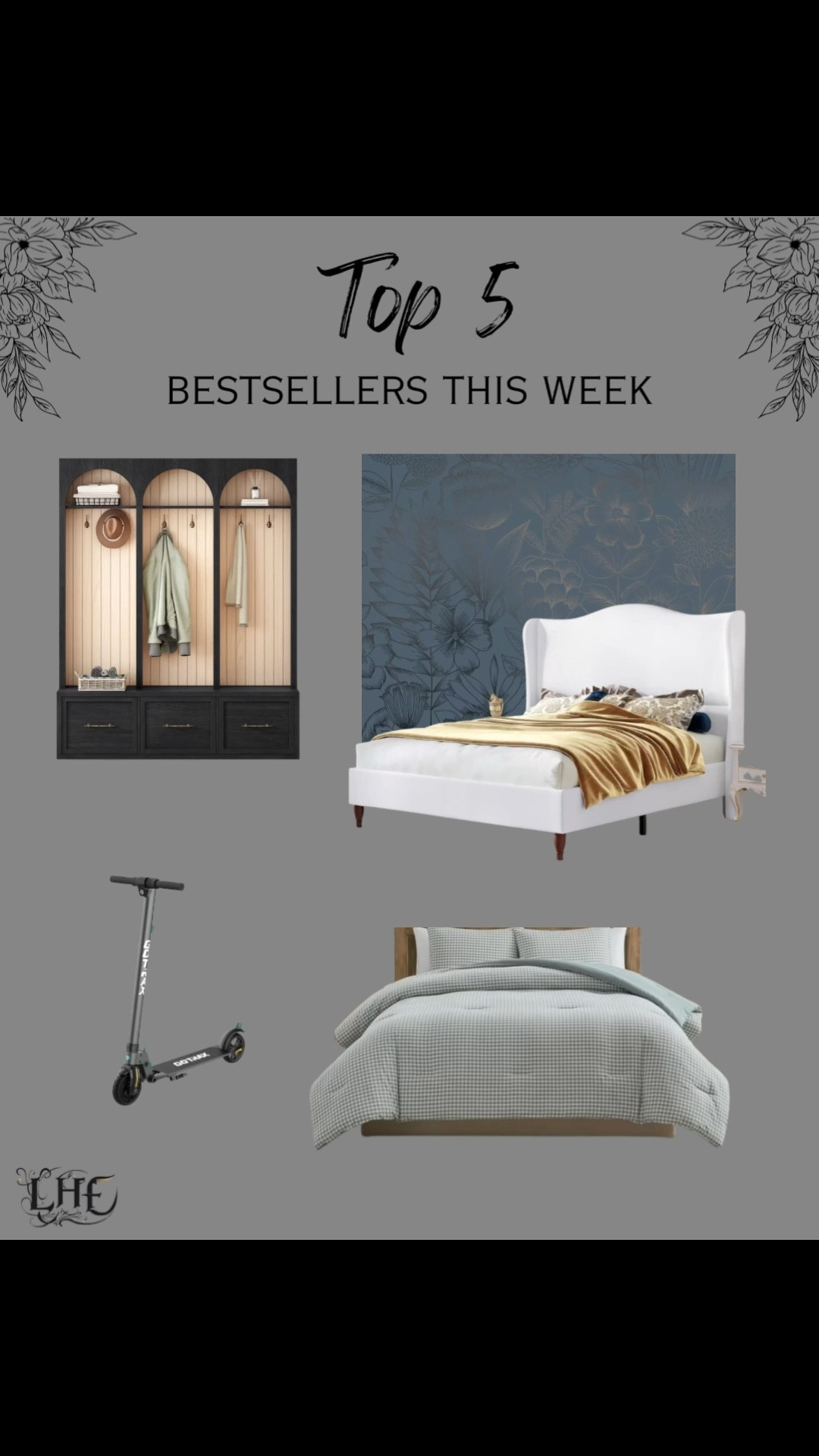 My audiences top buys this week! The wallpaper is so so pretty! It’s the same wallpaper I have in my bathroom. If you follow the directions, clean the dust from the walls, etc before applying it’s a great product! Some of the reviews I believe are not accurate (FYI). Shop by clicking the thumbnails! Bed frame, bedroom furniture, master bedroom furniture, hall tree, entryway hall tree, entryway furniture, entryway decor, entryway, electric scooter, gingham bedding, bedding, gingham pattern bedding, upholstered bed frame, modern farmhouse 

#LTKKids #LTKSaleAlert #LTKHome