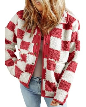 SHEWIN Jackets For Women Causal Sherpa Fall Jacket Loose Button Down Plaid Winter Coats | Amazon (US)
