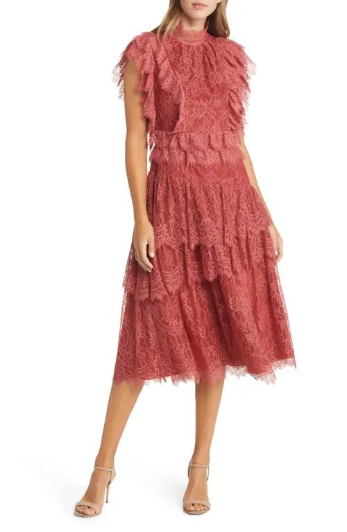 Rachel Parcell Ruffle Lace Midi Dress in Rust at Nordstrom, Size 18 | Nordstrom