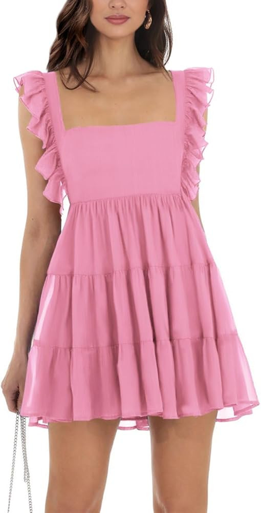 Women’s Summer Square Neck Tie Back Ruffle Sleeve Tiered Casual A-Line Short Mini Dress | Amazon (US)