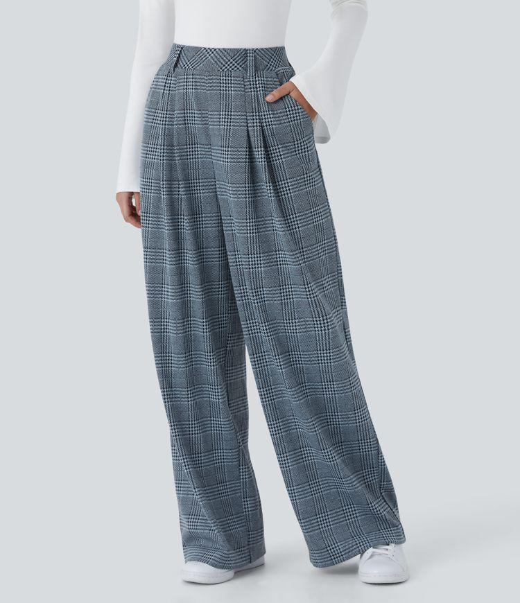 Women’s High Waisted Side Pocket Wide Leg Houndstooth Plaid Casual Pants - Halara | HALARA