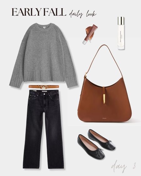 Fall outfit idea, gray sweater, tan bag, ballet flats, dark wash denim, relaxed jeans, cozy fit. 
#quietluxury #fallinspo

#LTKstyletip #LTKworkwear #LTKSeasonal