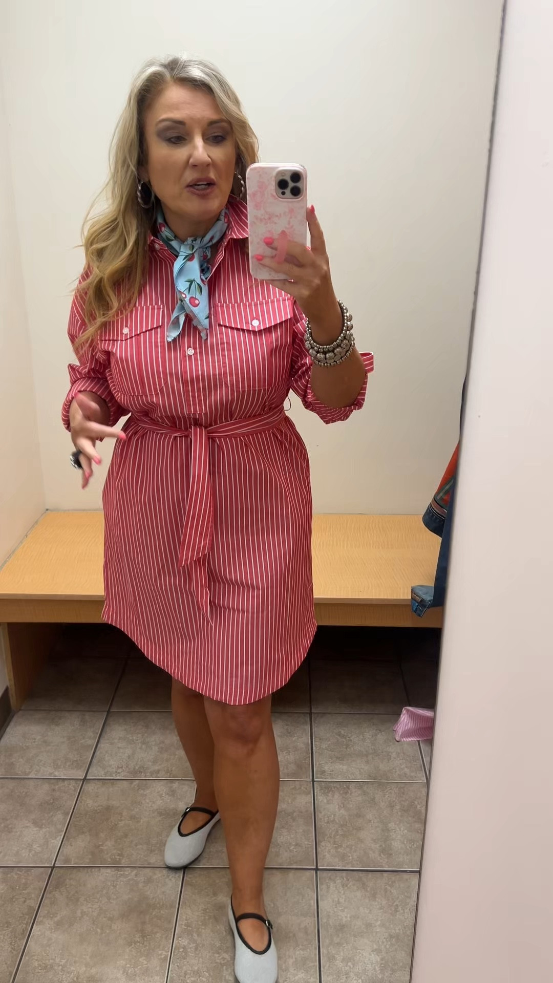 Red and white striped shirt dress. Detachable tie belt.  Pockets. Lightweight. Available in XS-XL.  I’m wearing true size large.

Added this cherry print scarf.

Memorial Day outfit 4th of July outfit 

#LTKOver40 #LTKootd #LTKMidsize