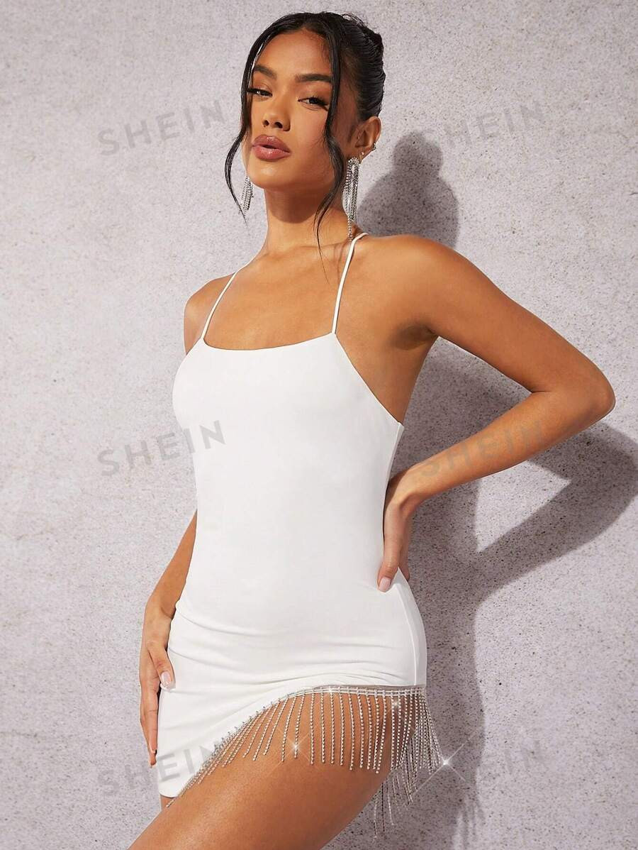 SHEIN BAE Rhinestone Fringe Trim Asymmetrical Hem Cami Dress | SHEIN