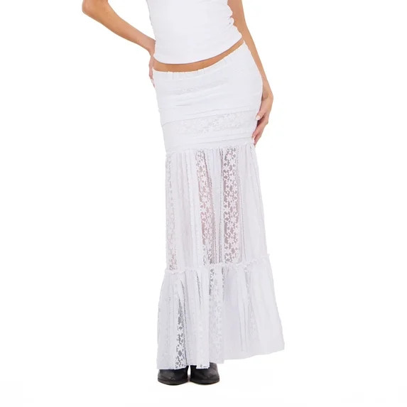 Forever 21 Women’s Lace Maxi Skirt with Tiered Hem Mid Rise Fit Elegant Casual Style, XS-XL | Walmart (US)