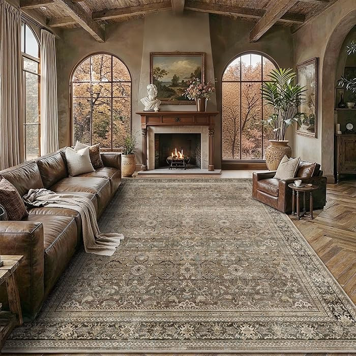 8x10 Washable Area Rug Brown Neutral Vintage Distressed Rugs Large Non-Slip Living Room Area Rugs... | Amazon (US)