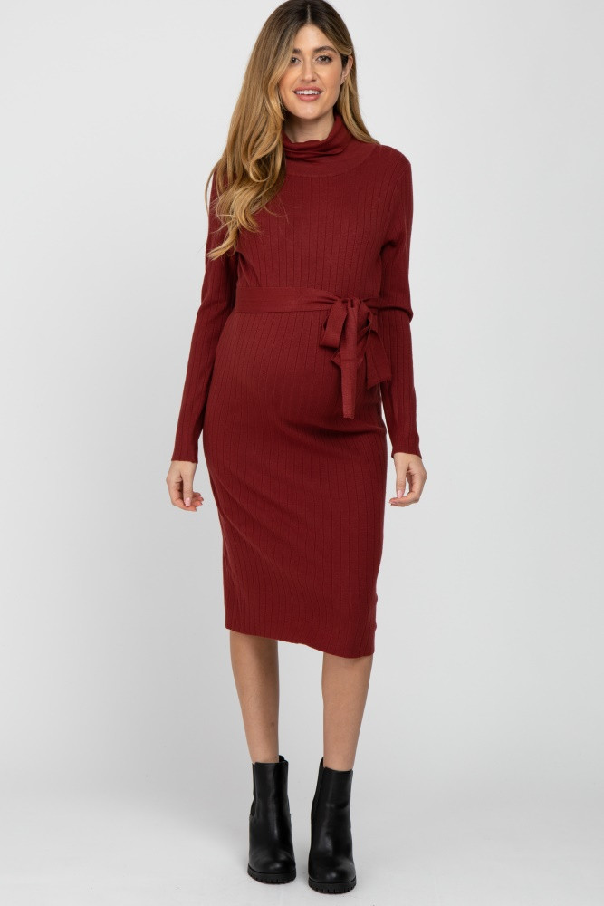 Burgundy Ribbed Turtleneck Maternity Sweater Dress | PinkBlush Maternity