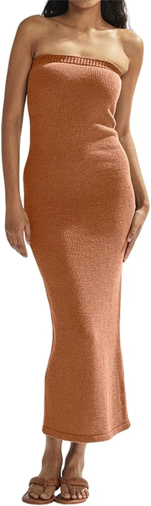 ROAONOCOMO Women Y2k Off Shoulder Bodycon Dress Slim Fitted Long Tube Dresses Backless Stretchy M... | Amazon (US)