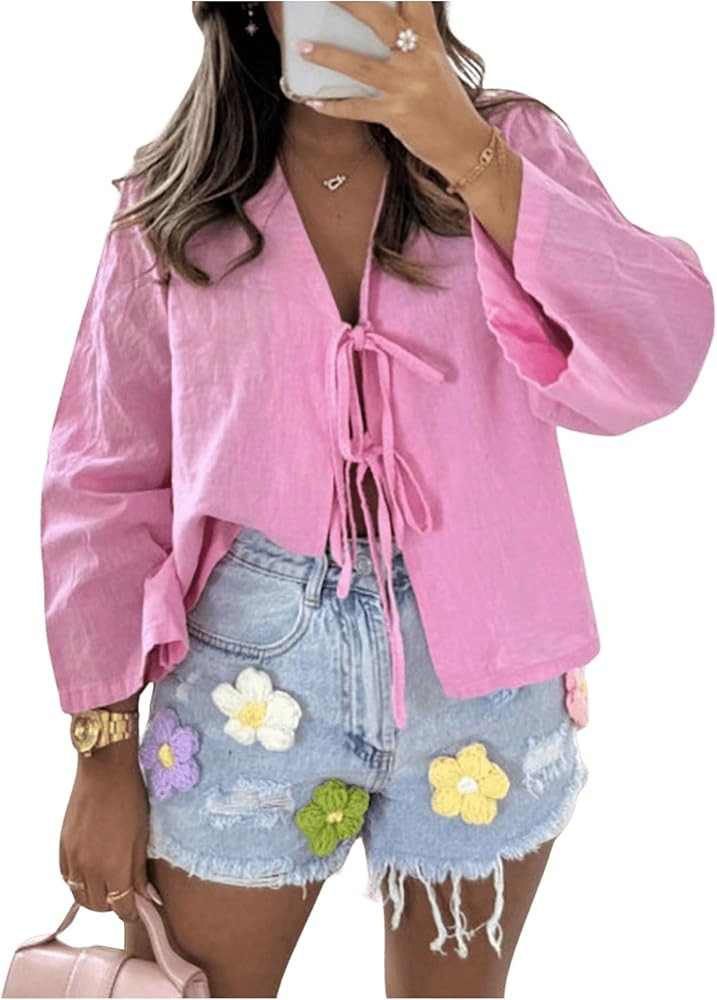 WDIRARA Women's Tie Front V Neck Blouse Long Sleeve Y2k Going Out Tops | Amazon (US)