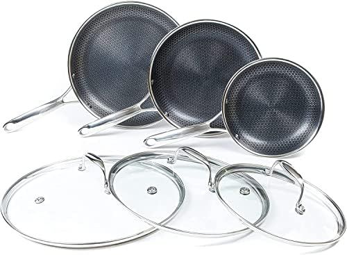 HexClad 6 Piece Hybrid Stainless Steel Cookware Pan Set with Lids - Metal Utensil and Dishwasher ... | Amazon (US)