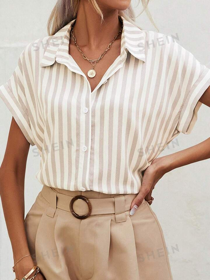 SHEIN Frenchy Camisa Listrada Com Manga Morcego E Manga Curta | SHEIN