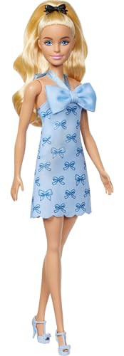Barbie Fashionistas Doll #237 with Wavy Blonde Ponytail Wearing Blue Bow Halter Dress, Black Hair... | Amazon (US)