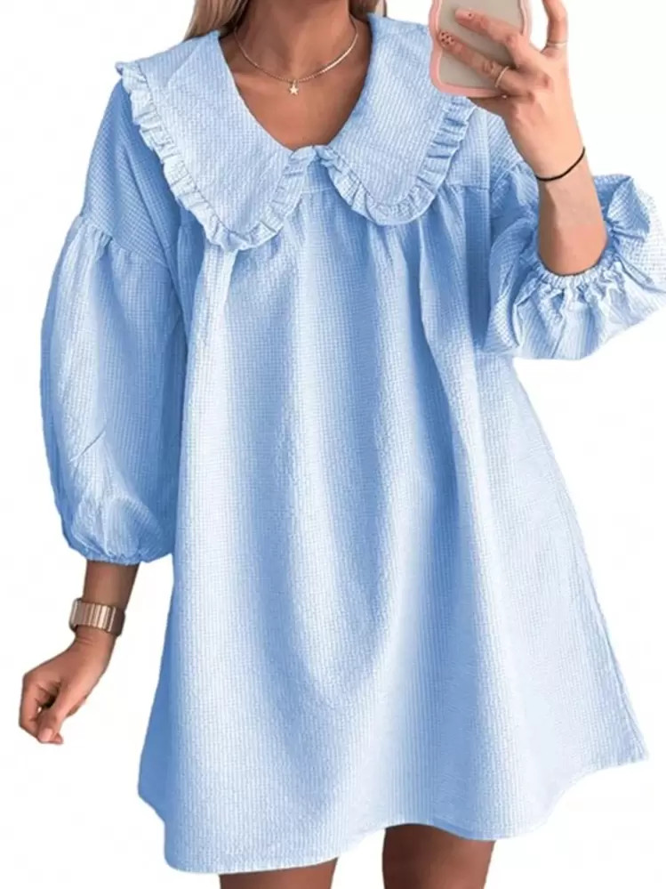 2024 Women's Babydoll 3/4 Puff Sleeve Plaid Mini Dress Lapel Doll Collar Loose Y2k Dress | SHEIN
