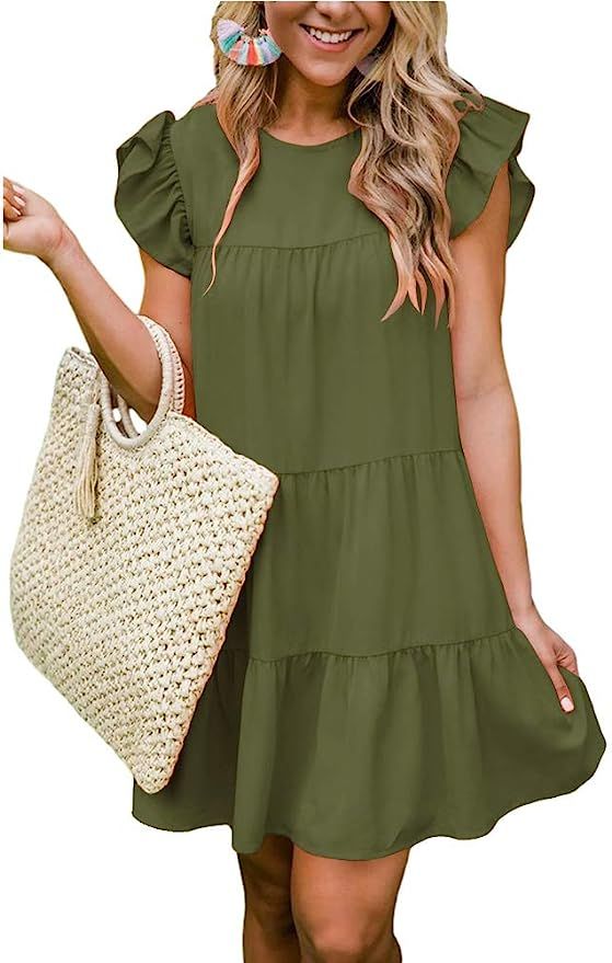 IHOT Women Casual Babydoll Ruffle Sleeve Round Neck Loose Flowy Mini Tunic Short Dresses | Amazon (US)