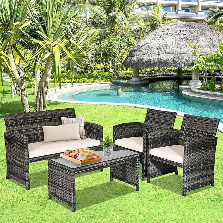 Costway 4PCS Patio Rattan Furniture Set Conversation Glass Table Top Sofa Cushioned, White | Walmart (US)