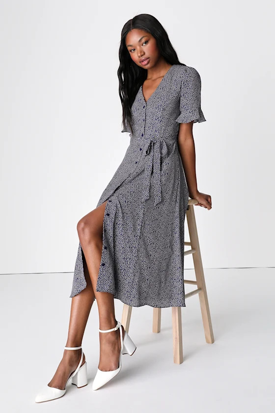 Flirty Frolic Navy Blue Print Button-Up Midi Dress with Pockets | Lulus (US)
